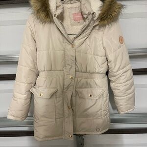 Cream Hooded Puffer Coat with Faux Fur Trim